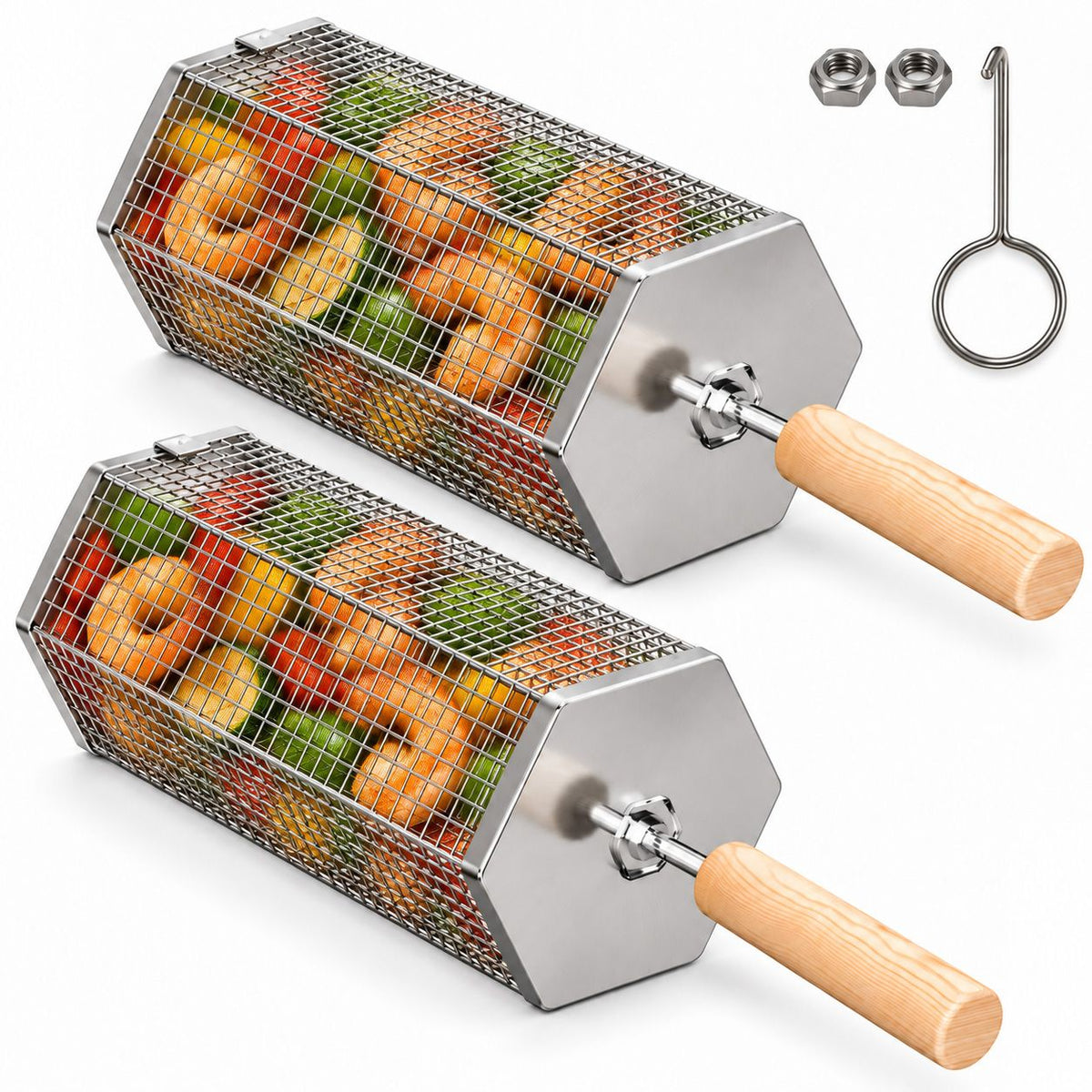 2Pcs Rolling Grill Basket with Removable Handle, 304 Stainless Steel BBQ Grilling Basket for Vegetables, Fish, Shrimp & Meat