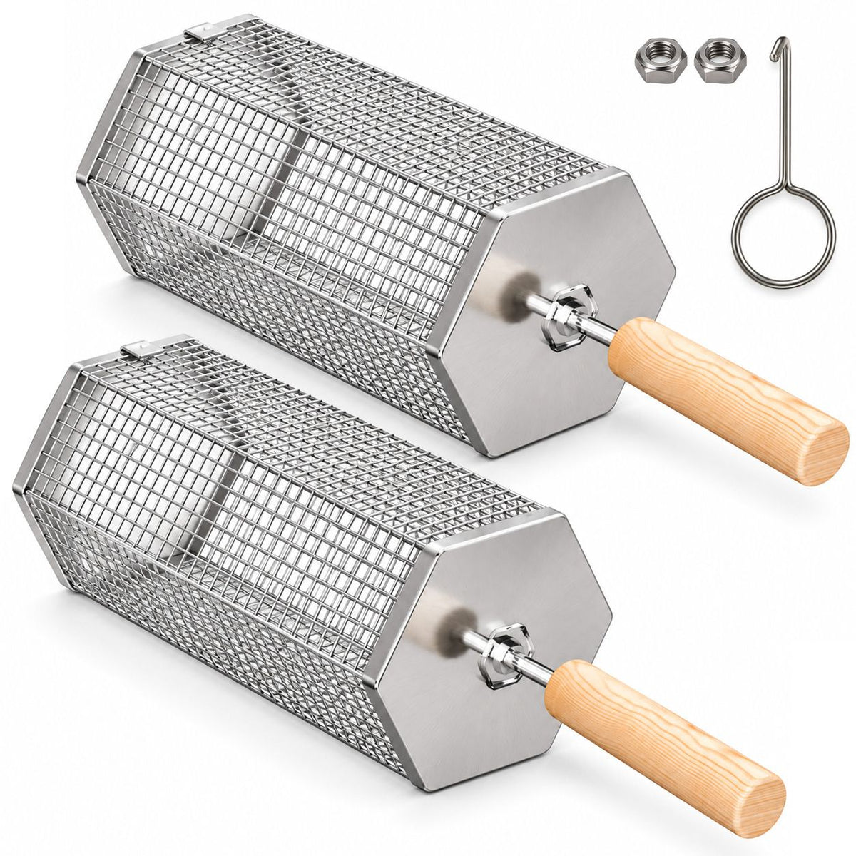 2Pcs Rolling Grill Basket with Removable Handle, 304 Stainless Steel BBQ Grilling Basket for Vegetables, Fish, Shrimp & Meat