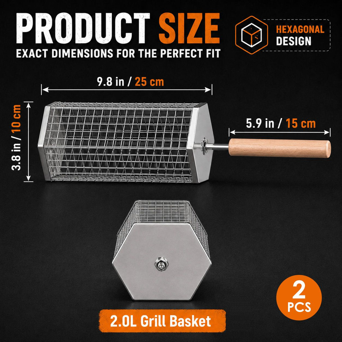 2Pcs Rolling Grill Basket with Removable Handle, 304 Stainless Steel BBQ Grilling Basket for Vegetables, Fish, Shrimp & Meat