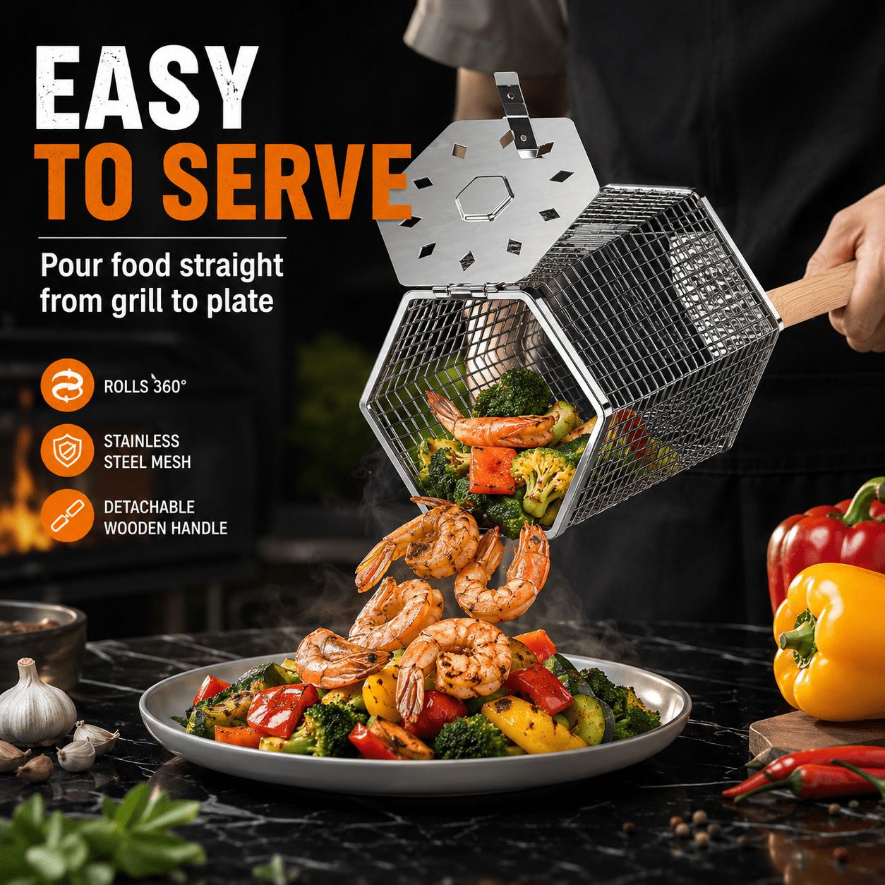 2Pcs Rolling Grill Basket with Removable Handle, 304 Stainless Steel BBQ Grilling Basket for Vegetables, Fish, Shrimp & Meat
