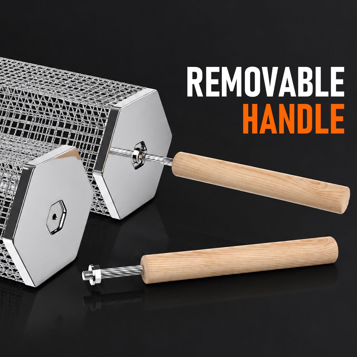 2Pcs Rolling Grill Basket with Removable Handle, 304 Stainless Steel BBQ Grilling Basket for Vegetables, Fish, Shrimp & Meat