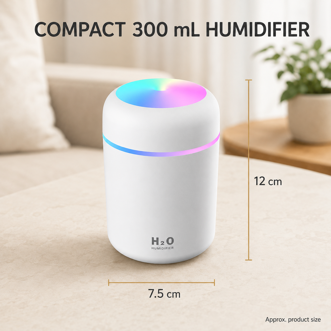 Living Today Mini Ultrasonic Humidifier USB LED Night Light 2 Mist Modes 300ml