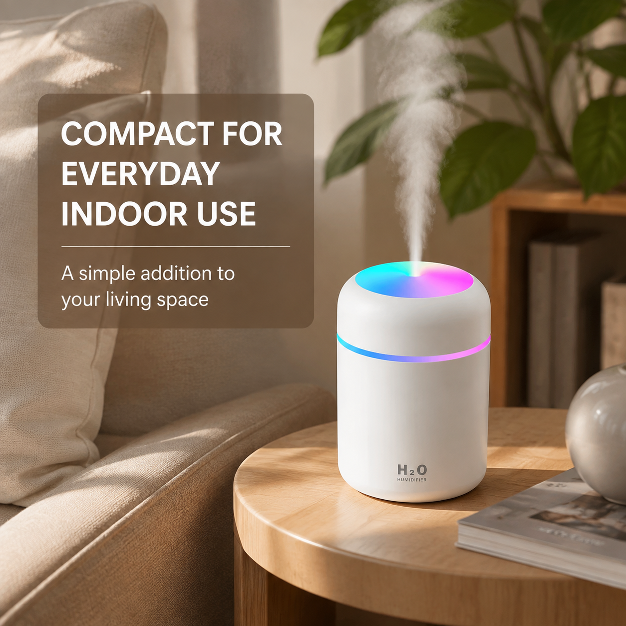 Living Today Mini Ultrasonic Humidifier USB LED Night Light 2 Mist Modes 300ml