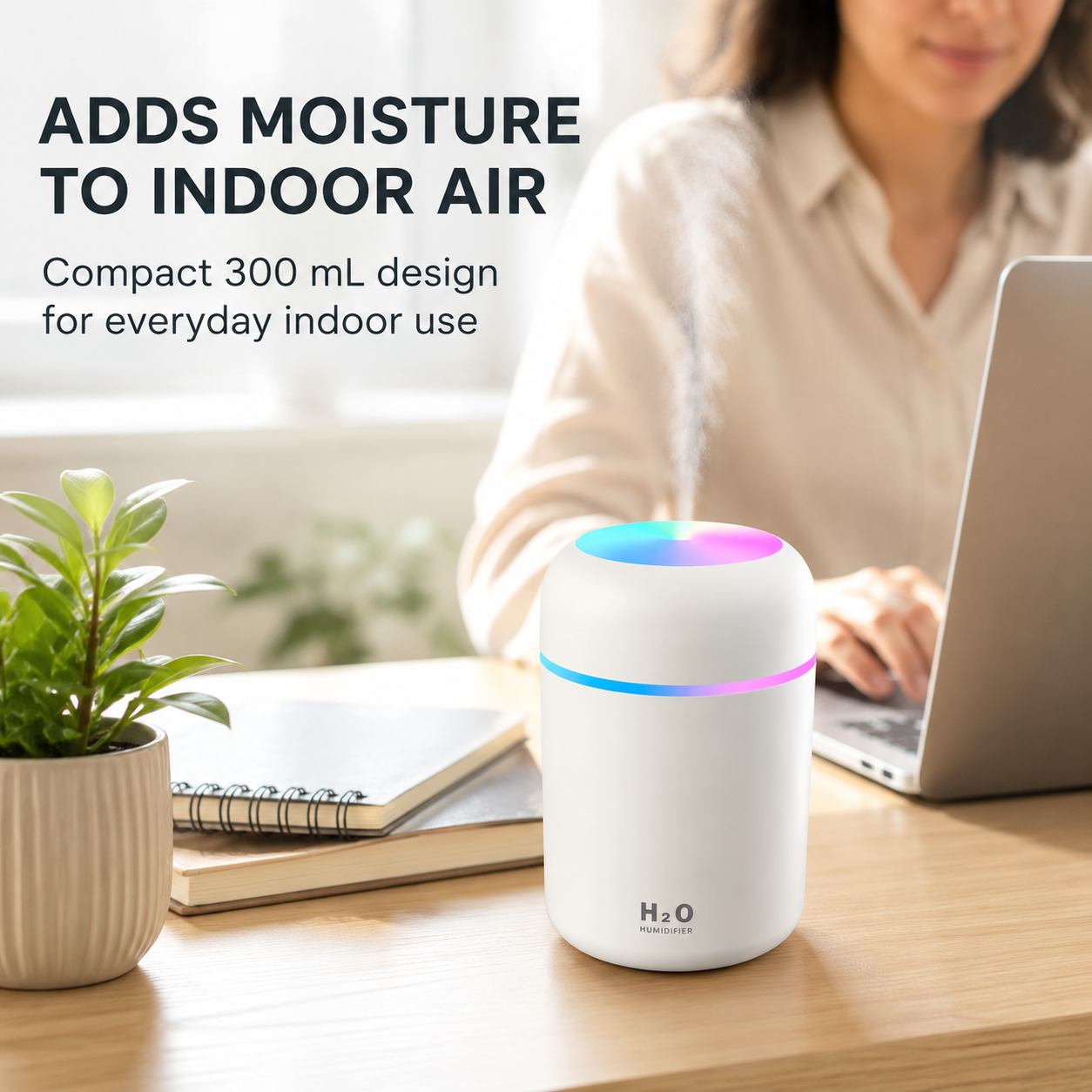 Living Today Mini Ultrasonic Humidifier USB LED Night Light 2 Mist Modes 300ml