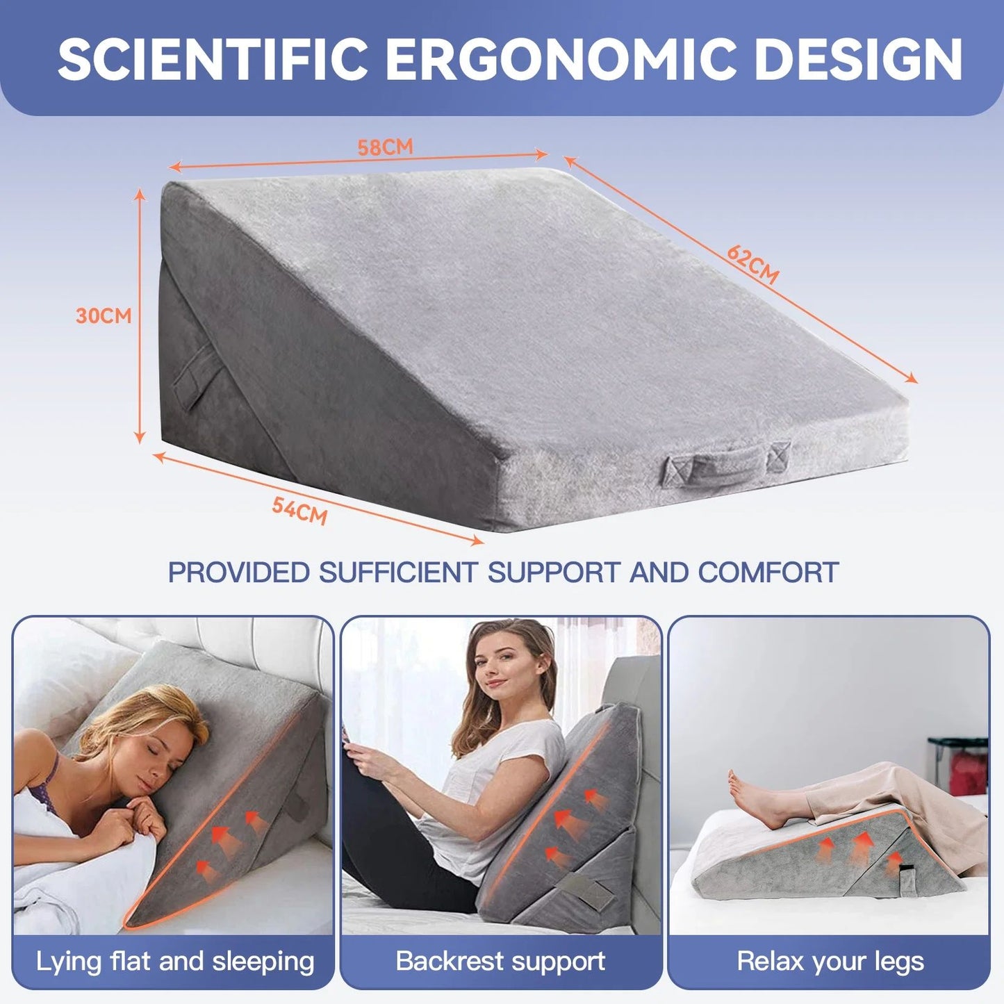 Adjustable Memory Foam Wedge Pillow with Washable Velvet Cover for Bed Sofa Reading(55x55x33cm)