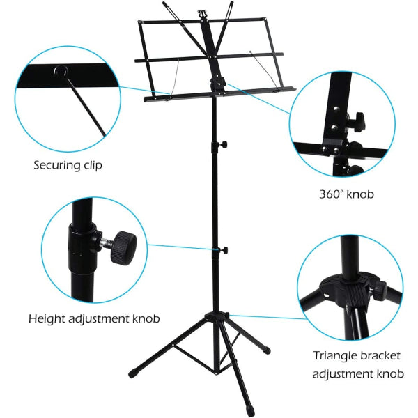 Adjustable Music Stand Portable Foldable Metal Stand with Carrying Bag Lightweight for Travel Storage Black