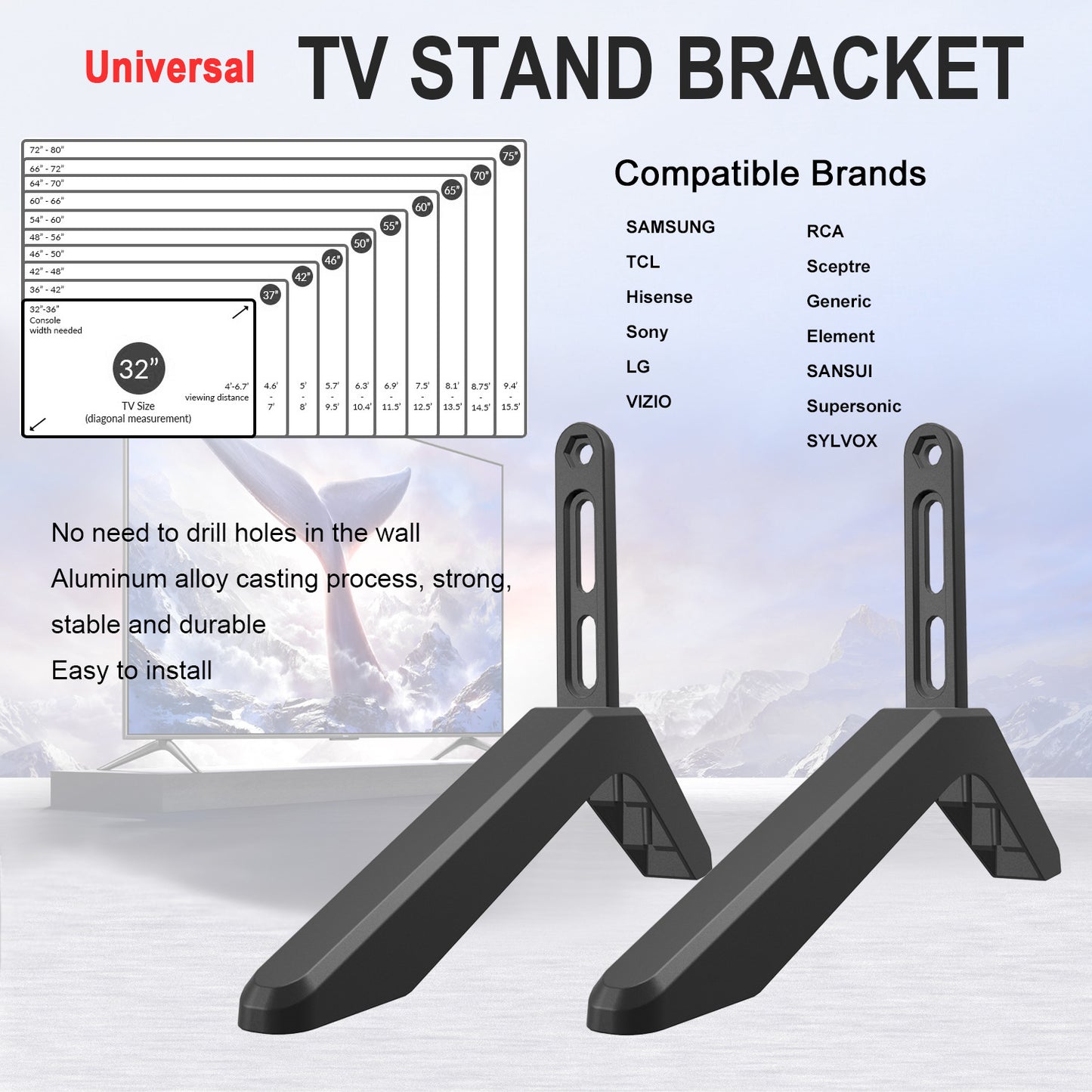 Universal TV Stand with Screws Easy Installation Tabletop Stand for TVs Compatible withSamsung LG TCL Vizio Hisense
