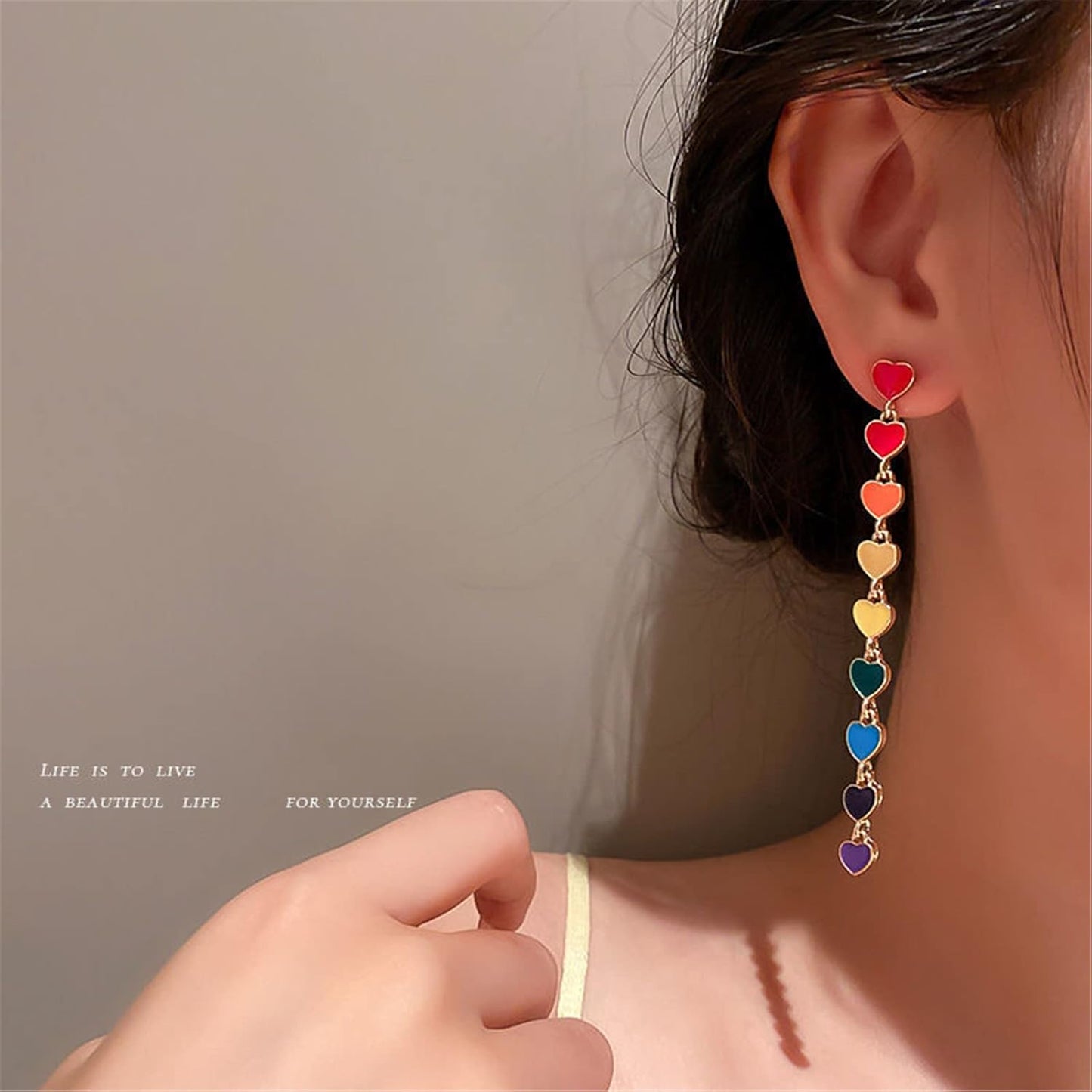 Heart Rainbow Chain Stud Earrings for Women Cool Weird Lightweight Resin Acrylic Personality Dangle Drop Earrings Jewelry