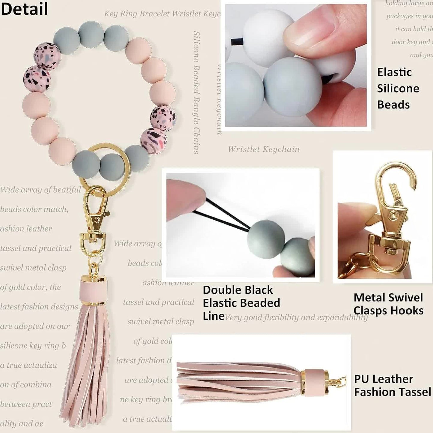 Key Ring Bracelet Car Keychain Holder Wristlet Silicone Women Beaded Bangle Chains
