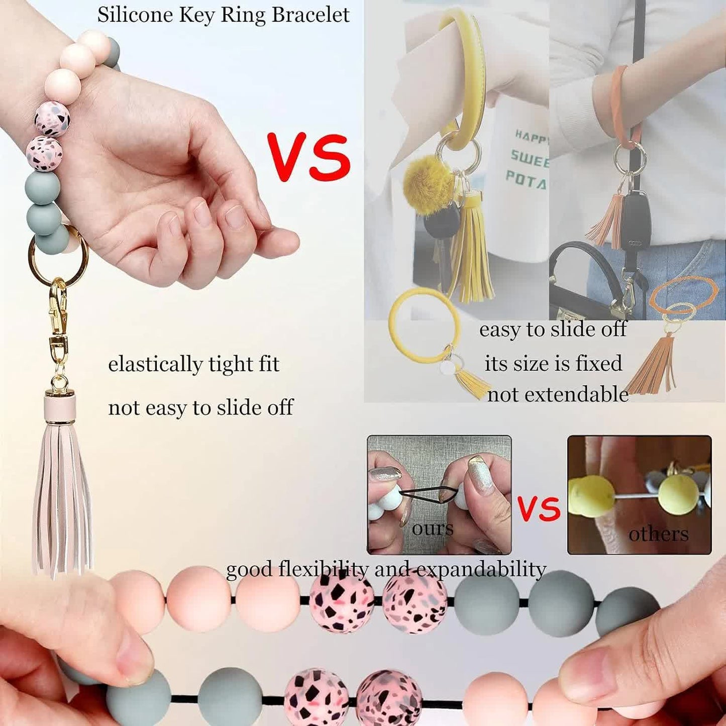 Key Ring Bracelet Car Keychain Holder Wristlet Silicone Women Beaded Bangle Chains