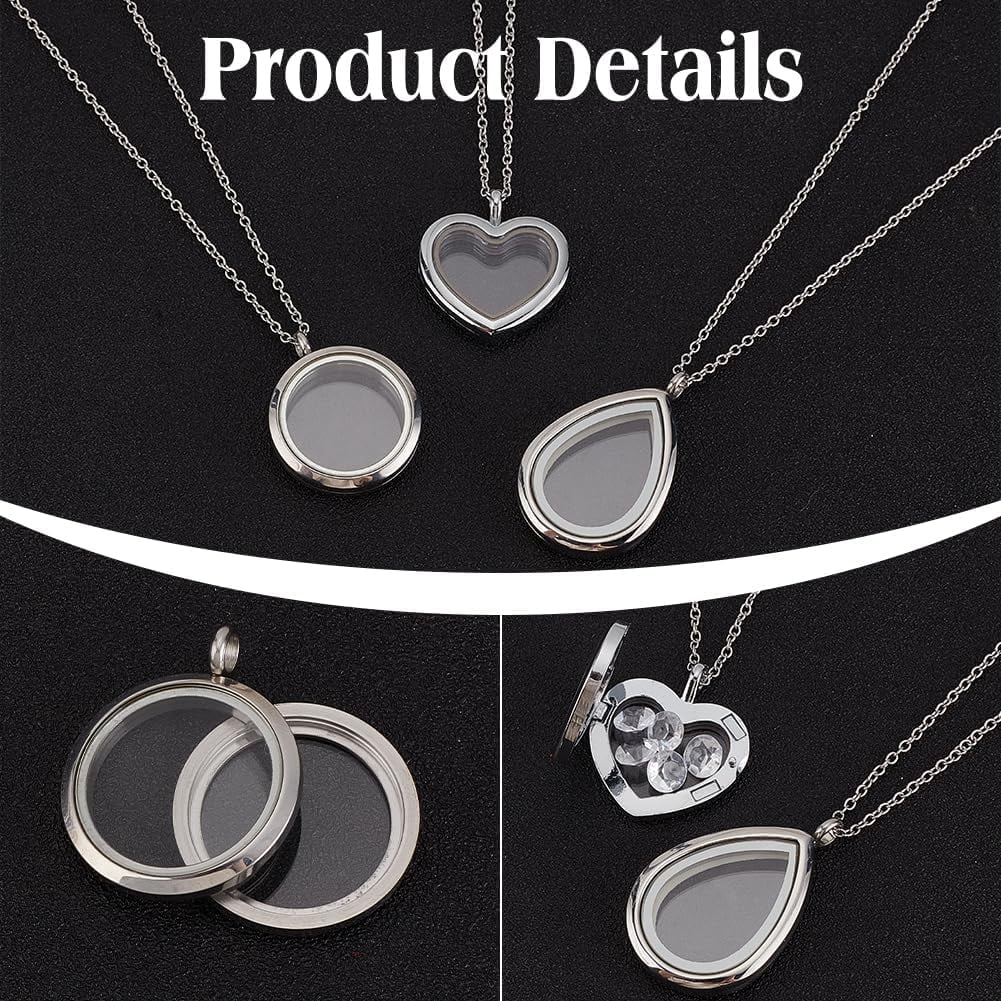 3 Styles Locket Pendant Necklace 304 Stainless Steel Memory Floating Charms Round Memory Necklace Teardrop Heart Pendant Buckle Closure for Women Friendship Necklace Memory Nostalgic