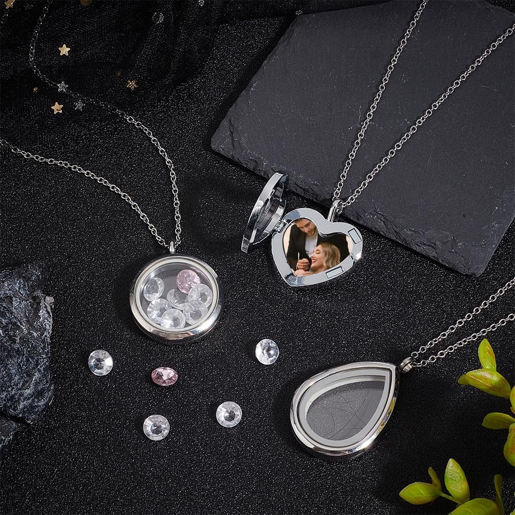 3 Styles Locket Pendant Necklace 304 Stainless Steel Memory Floating Charms Round Memory Necklace Teardrop Heart Pendant Buckle Closure for Women Friendship Necklace Memory Nostalgic