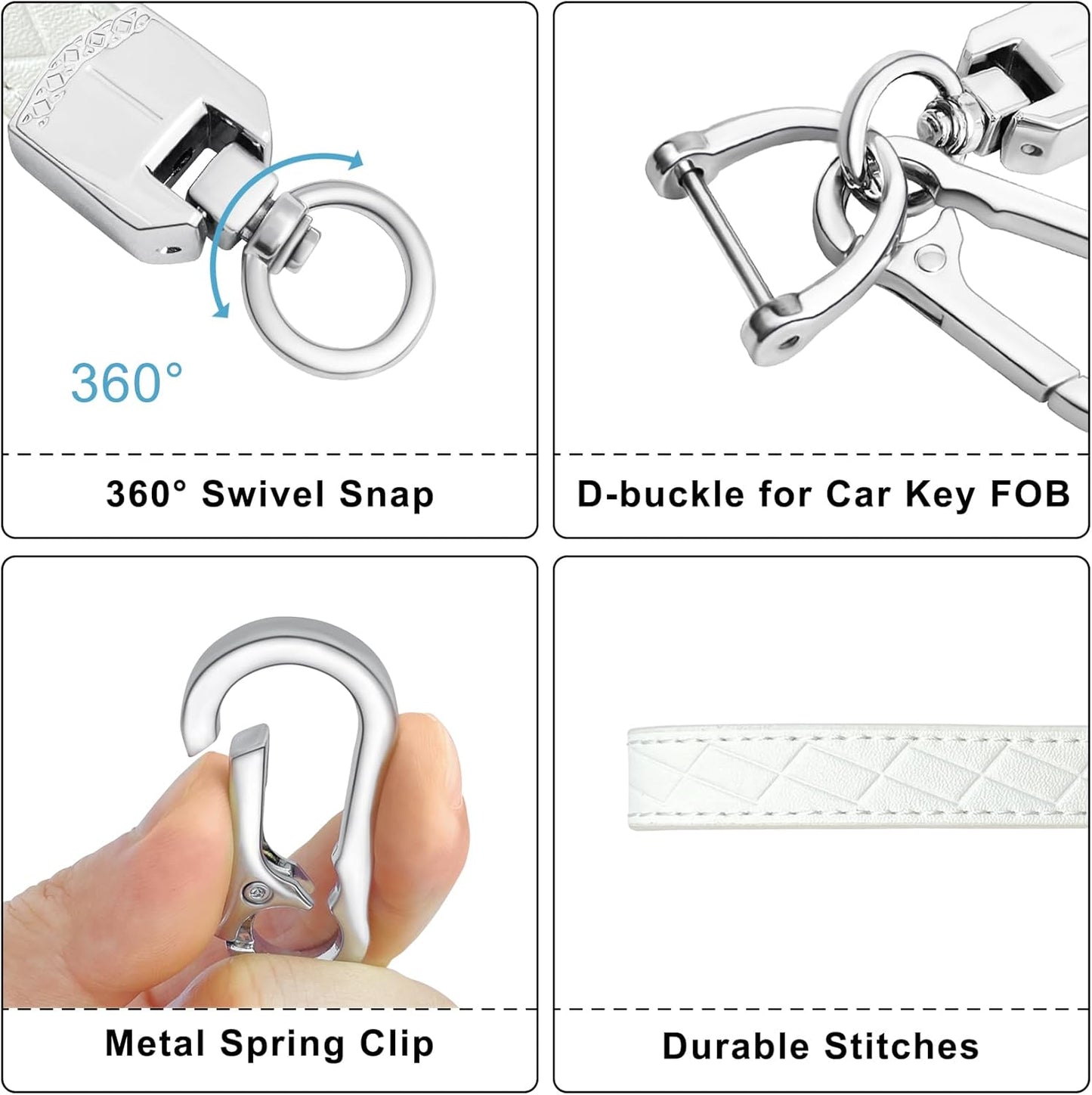 Leather Wristlet Keychain,Car Key Chain Wrist Keychain with 3 Key Ring and Anti-Lost D Ring (White Silver)