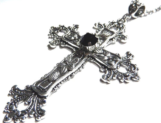 Large Gothic Cross Necklace silver-tone pendant with glass stone, on 24" steel chain…
