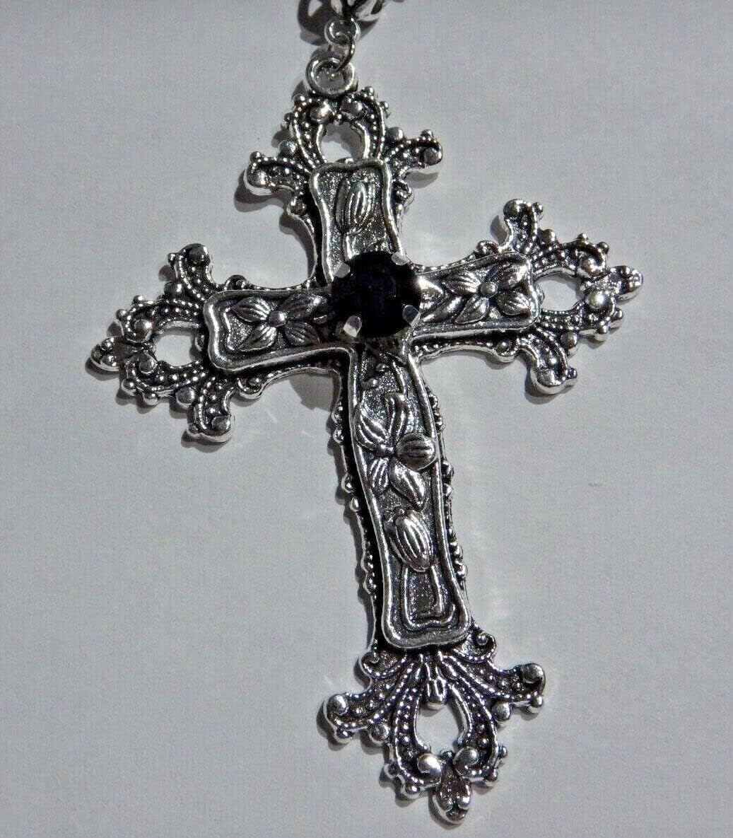 Large Gothic Cross Necklace silver-tone pendant with glass stone, on 24" steel chain…