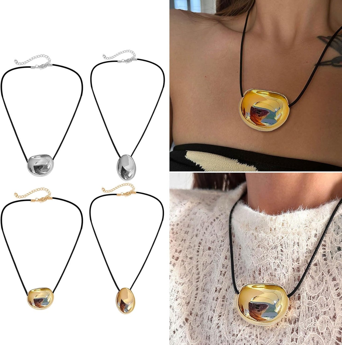 Oval Bead Clavicle Chain Fashionable Geometric Pendant Necklace