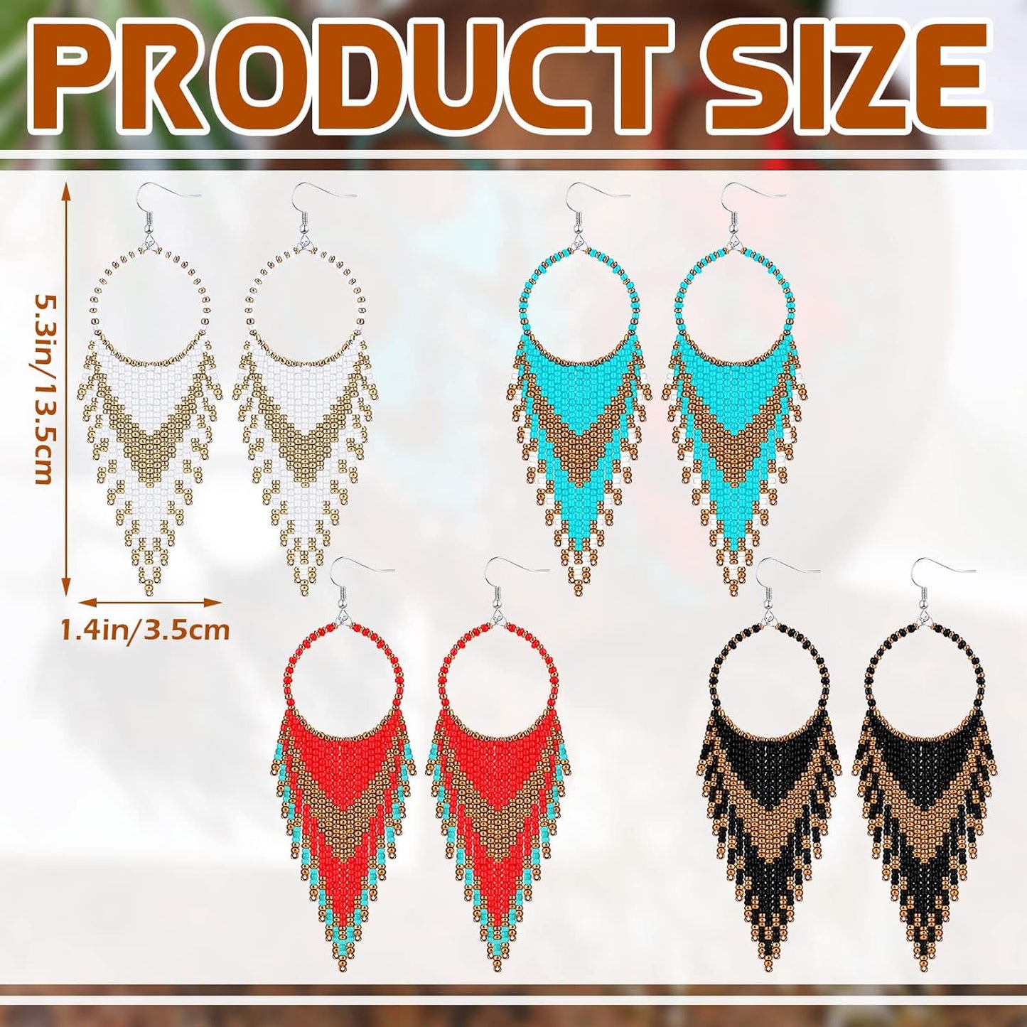 4 Pcs Long Beaded Tassel Earrings Bohemia Colorful Native Handmade Statement Fringe Drop Earrings Boho Dangle Tassel Earrings for Women(Elegant Color)