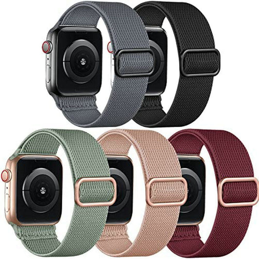 Nylon Stretch Band 5-Pack Compatible with Apple Watch 42mm 44mm 45mm Solo Loop Fabric Elastic Bracelet for Women Men