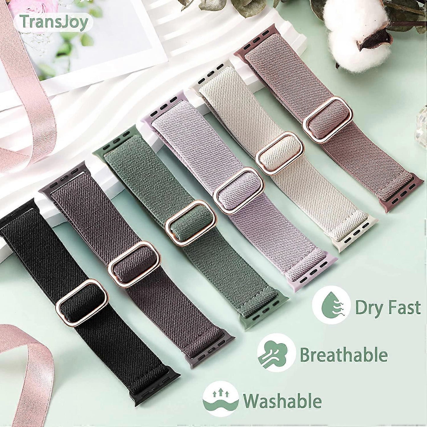 Nylon Stretch Band 5-Pack Compatible with Apple Watch 42mm 44mm 45mm Solo Loop Fabric Elastic Bracelet for Women Men