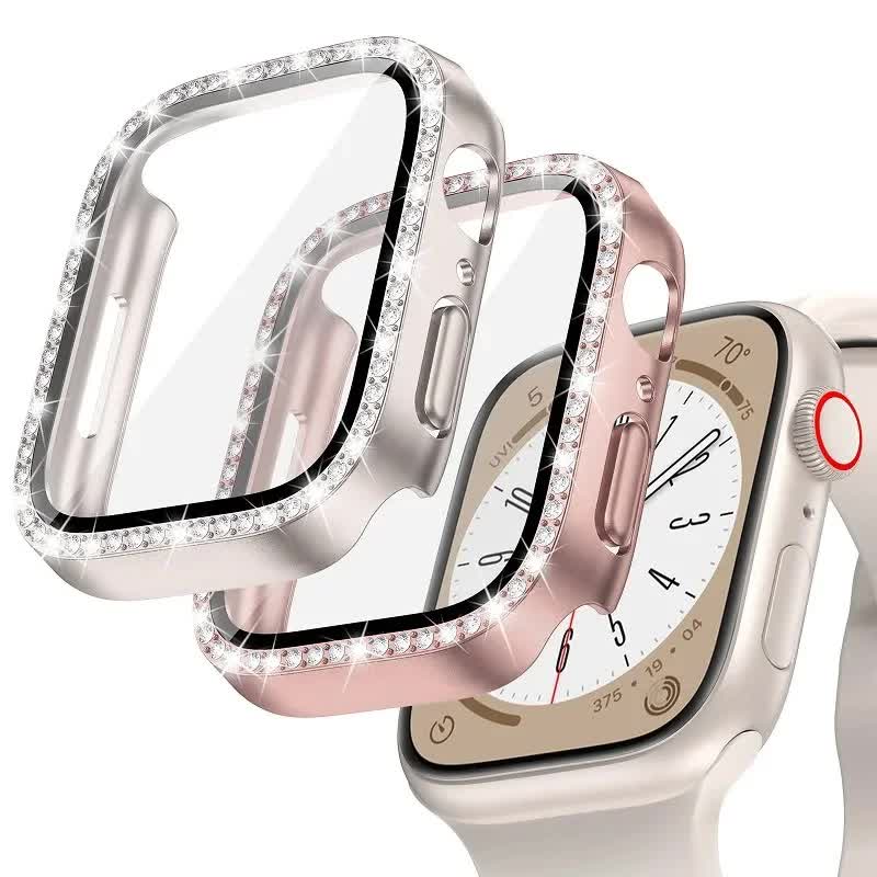 Diamond Glass Bling Bumper Case with Screen Protector Compatible with Apple Watch Series 9 8 7 6 SE 3 45mm 44mm 42mm 41mm 40mm 38mm Red