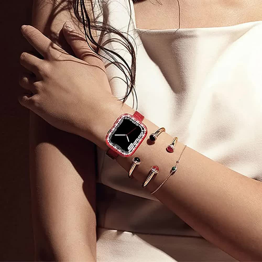 Diamond Glass Bling Bumper Case with Screen Protector Compatible with Apple Watch Series 9 8 7 6 SE 3 45mm 44mm 42mm 41mm 40mm 38mm Red