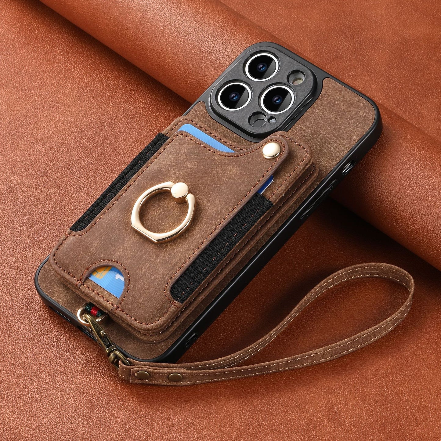 Leather RFID Anti-Theft Phone Case with Strap Compatible with iPhone 15 Pro Max Black Card Holder Loop Buckle
