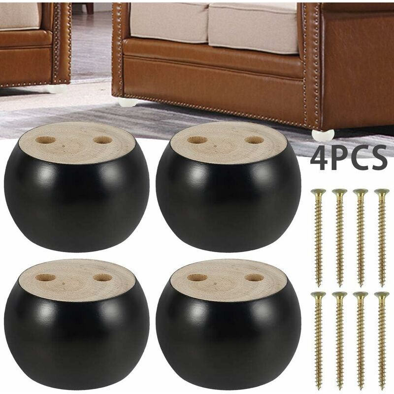 4 pcs Set ROund Wooden Furniture Legs Height 5Cm, For Sofa, Bed, Armchair, Wardrobe, With Screws And Tape (Black)