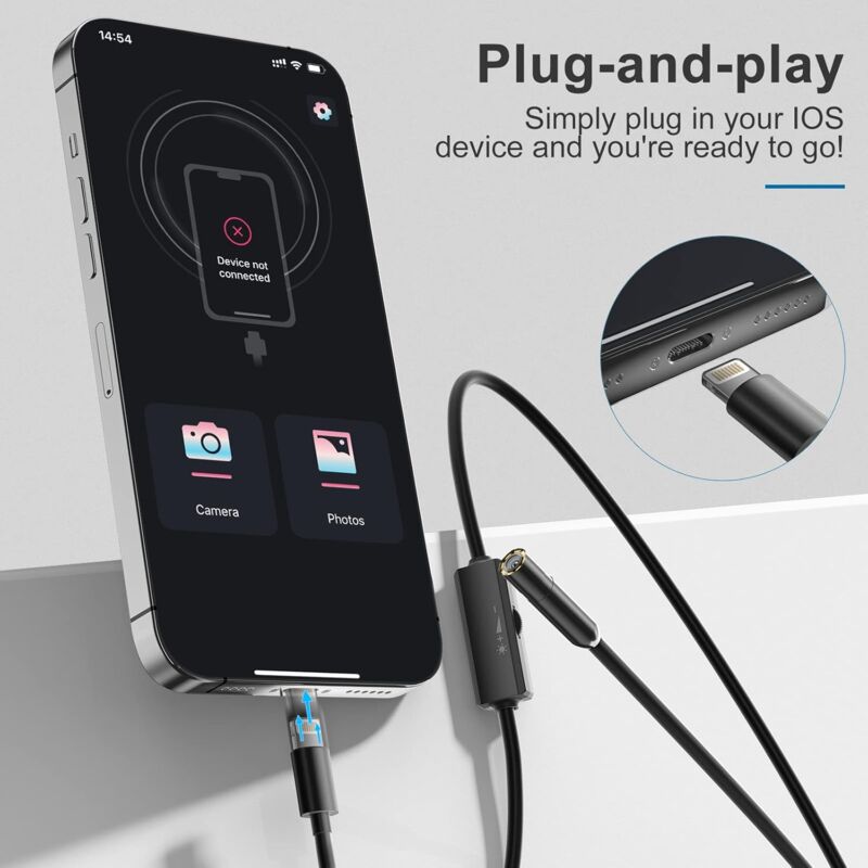 Endoscope For Iphone, Inspection Camera With 7.9Mm Lens For Iphone&Ipad, 5M Semi-Rigid Cable Borescope Ip68 Waterproof,