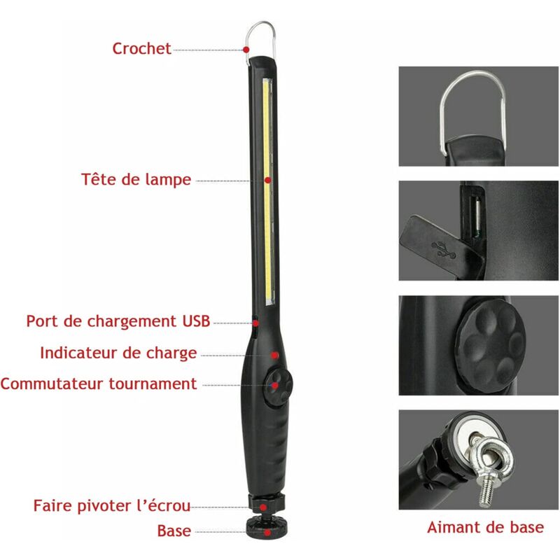 2 pcs Magnetic LED Work Light Super Bright Rechargeable Flashlight For Garage, Camping, Hiking, Car Repair, Emergency