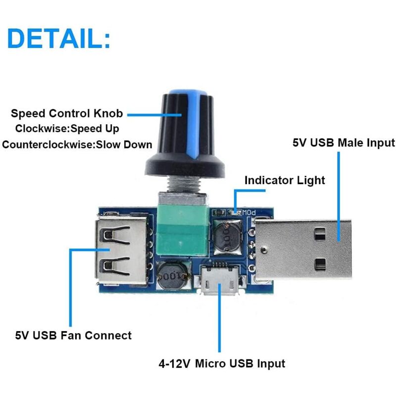 3 pcs 5W Usb Fan Speed Controller, Dc 5V Dc 4-12V To 2.5-8V Stepless Usb Fan Regulator Speed Control Knob With Switch