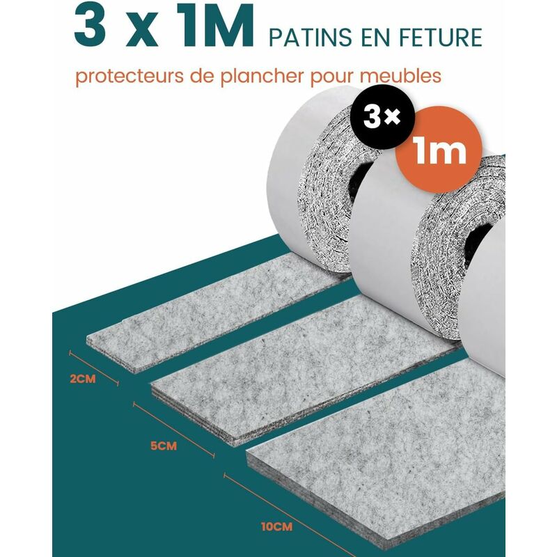 Self-Adhesive Furniture Pads, Furniture Chair Pads 3 ROlls (100 10Cm+100 5Cm+100 2Cm), Chair Pad 4Mm-Thick Felt Pad
