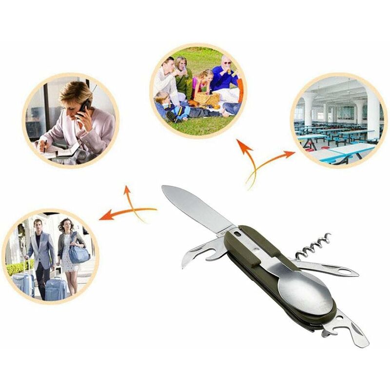 Stainless Steel Folding Tableware Set For Outdoor Camping - 7-In-1 Multi-Function Tool, Removable