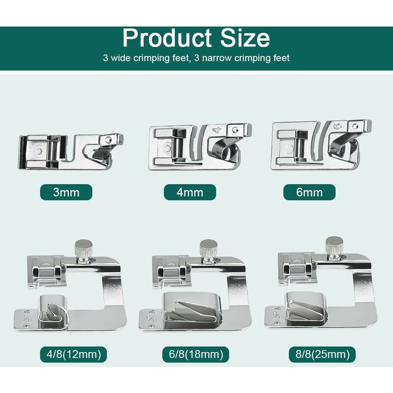 6 pcs Sewing Machine Presser Foot Hemmer Foot Sewing 4/8 6/8/8In ROlled Hem Foot 3/4/6Mm Foot