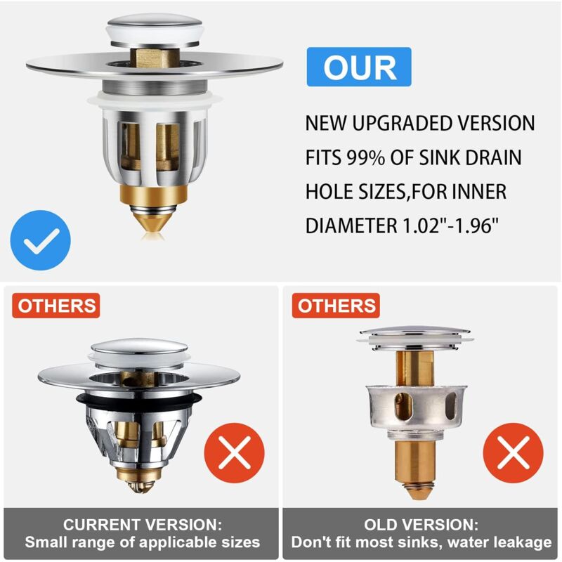 Pop-Up Sink Plug, Universal Pop Up Sink Plug With Anti-Clogging Filter, Anti-Odor Hair Filter For 26-42Mm Holes