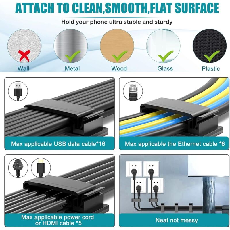 10 pcs Self-Adhesive Cable Management Holder Durable Clips For Tv Pc Laptop Ethernet Cable Home Office (Black)