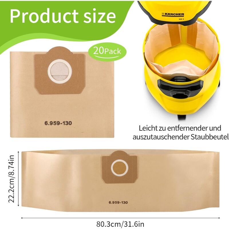 Vacuum Cleaner Bags, 20 Pack Upright Vacuum Cleaner Bags, Paper Filter Bags, For Karcher 6.959-130.0