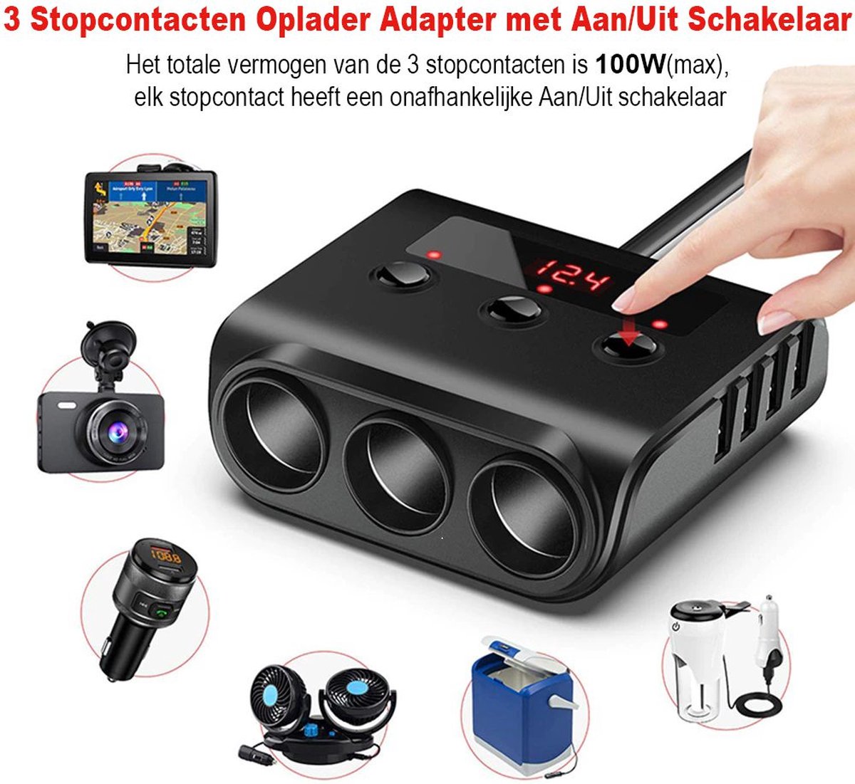 Car cigarette lighter splitter with 12V/24V voltmeter - 4x 5V/3.1A USB inputs - 3 cigarette lighter sockets - car charger - car accessories - SIG04USB - Black