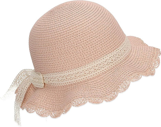 Lace straw hat - trendy hat with scalloped brim and kanten ribbon - sun hat for girls - UV 50+ protection hat - headwear for babies and children - beach hat