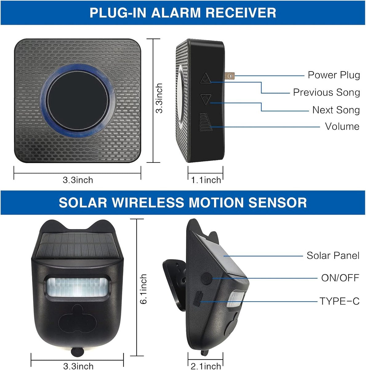 Driveway alarm - Entry detector - Solar driveway alarm - Motion detector - Wireless = Security - Wireless solar driveway alarm - Motion detector - Doorbell - DIY security system - (2 sensors and 1 doorbell)