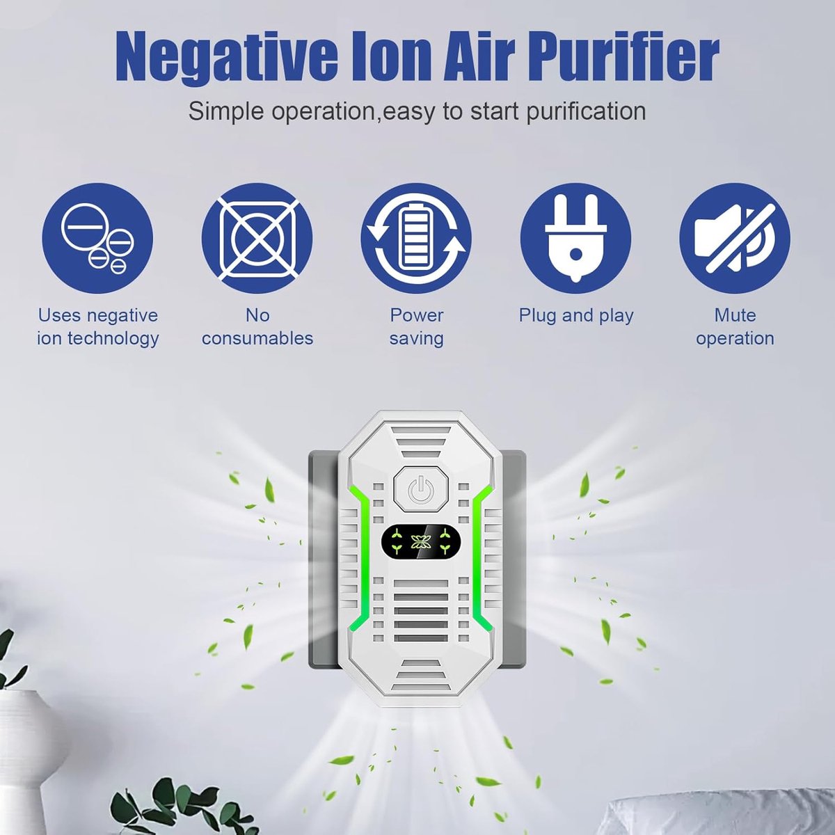 Air purifier - Plug-in negative ion air purifier - Home air purifier - Deodorizer - Ionizer - For pets, bathroom, office, bedroom - Wit