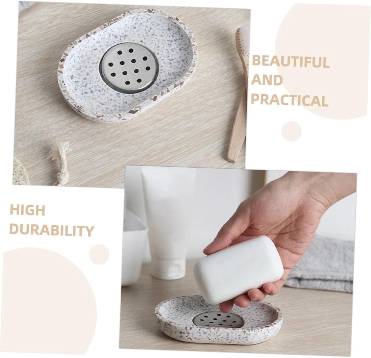 Terrazzo soap dish with stainless steel drainer, beige, natural stone, beige for bathroom, sink and kitchen - Drainage design for bathroom sinks and countertops