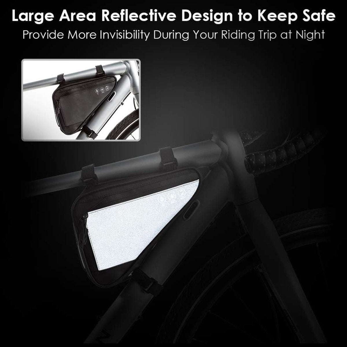 Bicycle pannier - Bicycle frame bag - Bicycle frame bag - Triangular bicycle frame bag - Storage bag - Reflective bicycle bag - Mountain bike, road bike accessories, large capacity - Black