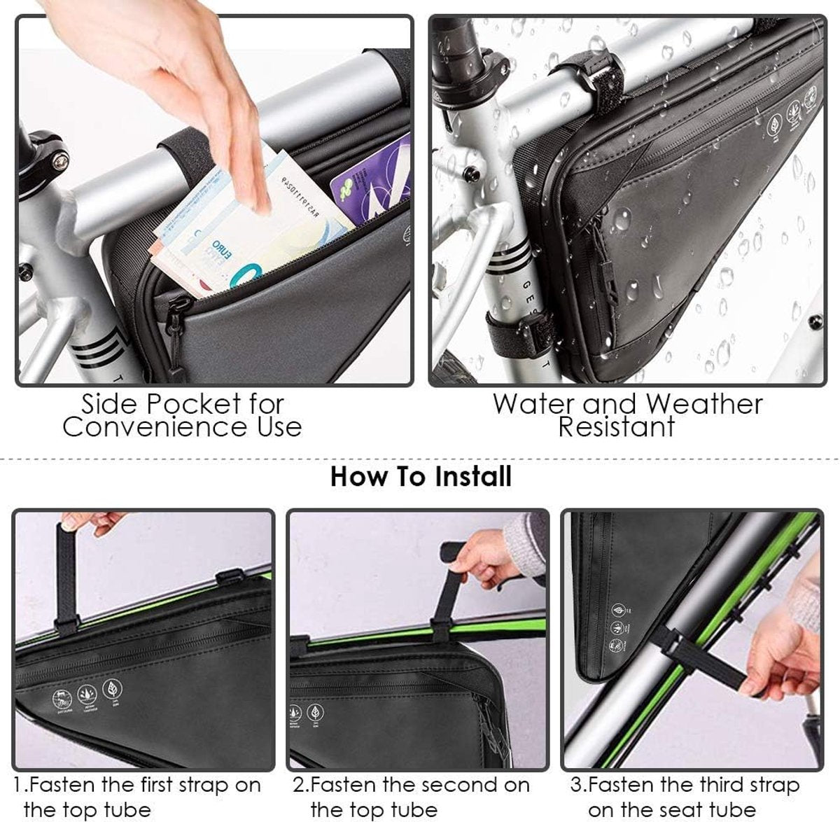 Bicycle pannier - Bicycle frame bag - Bicycle frame bag - Triangular bicycle frame bag - Storage bag - Reflective bicycle bag - Mountain bike, road bike accessories, large capacity - Black