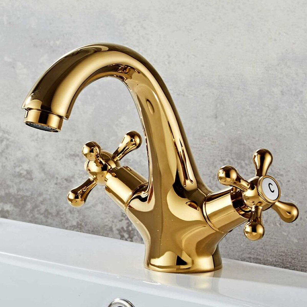 Set of 100 retro two-handle basin taps, in vintage antique brass, with cross handle, elegant design and simple holes, gold plated