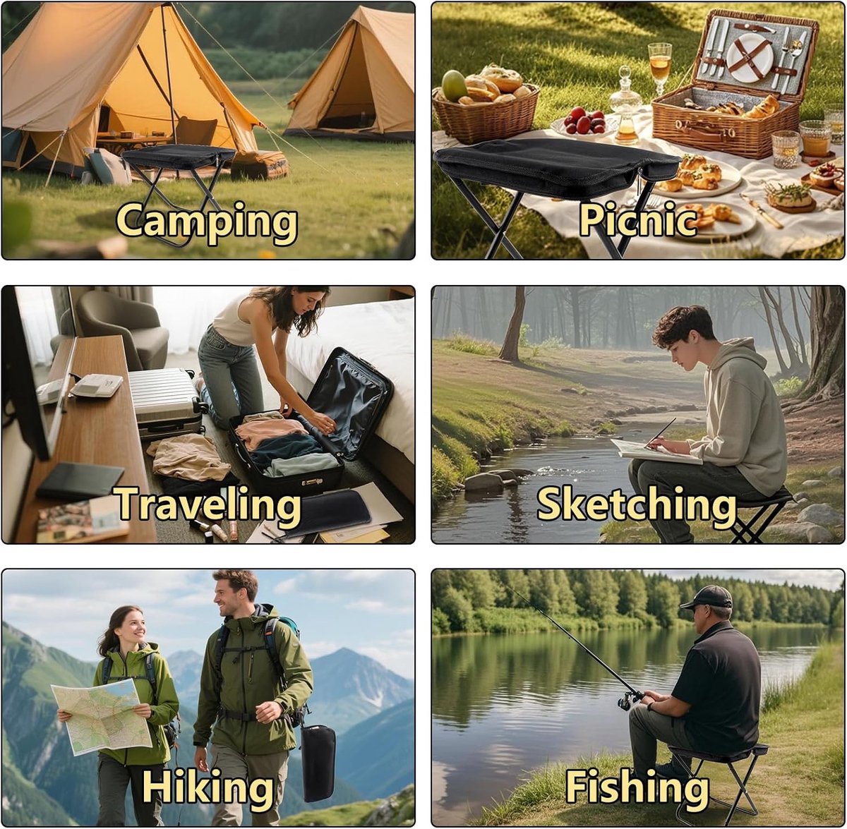 Portable folding camping stool with carrying bag, portable folding chair, folding camping stool, outdoor footrest for travel, walking, hiking, fishing, picnics and barbecues (black)