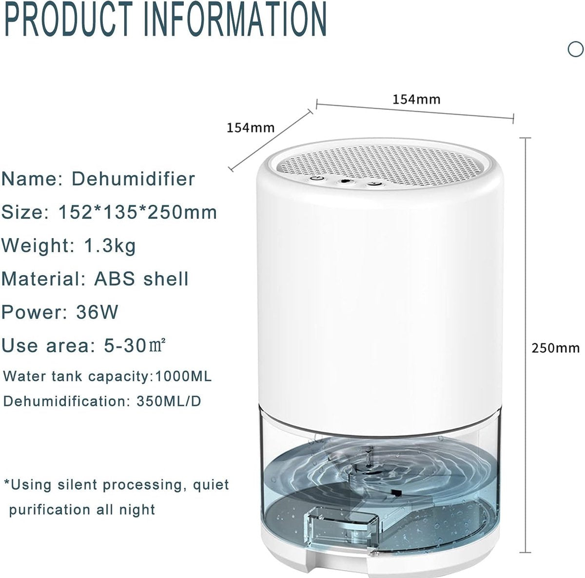 Dehumidifier - Air Dehumidifier - Small Dehumidifier - Smart Sleep Mode - Portable - Ultra Quiet - 3 L/h Dehumidifier - With 1 L Water Tank - Black