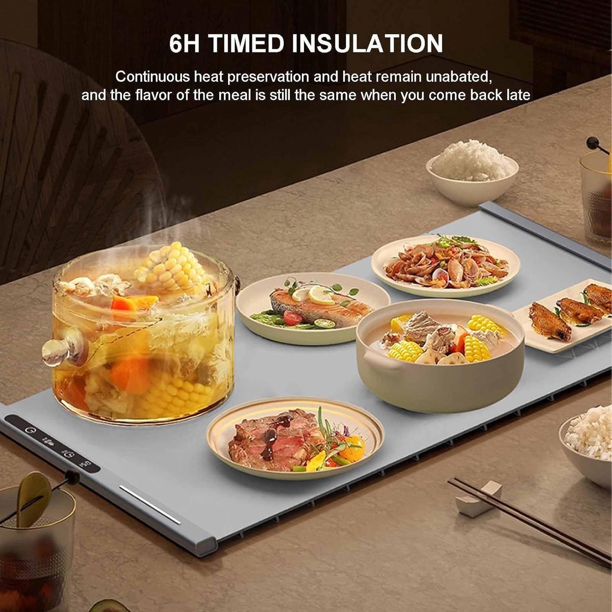 250W roll-up electric hot plate with 8 temperature settings and a 6-hour timer, for buffets, made of waterproof silicone, grey