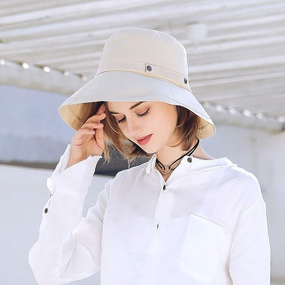 Women's Sun Hat - Katoen Wide Brim - UPF 50+ UV Protection - Foldable Beach Hat - Summer Bucket Hat - Travel Button Closure - Beige - One Size