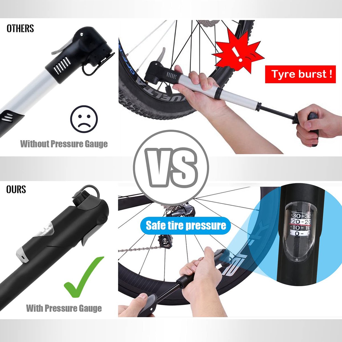 Hand pump - Bicycle pump with pressure gauge - Mini portable bicycle pump - Mini bicycle pump for all bicycles - Balloon pump with needle - Glue-free repair kit - Suitable for Presta and Schrader valves - Black