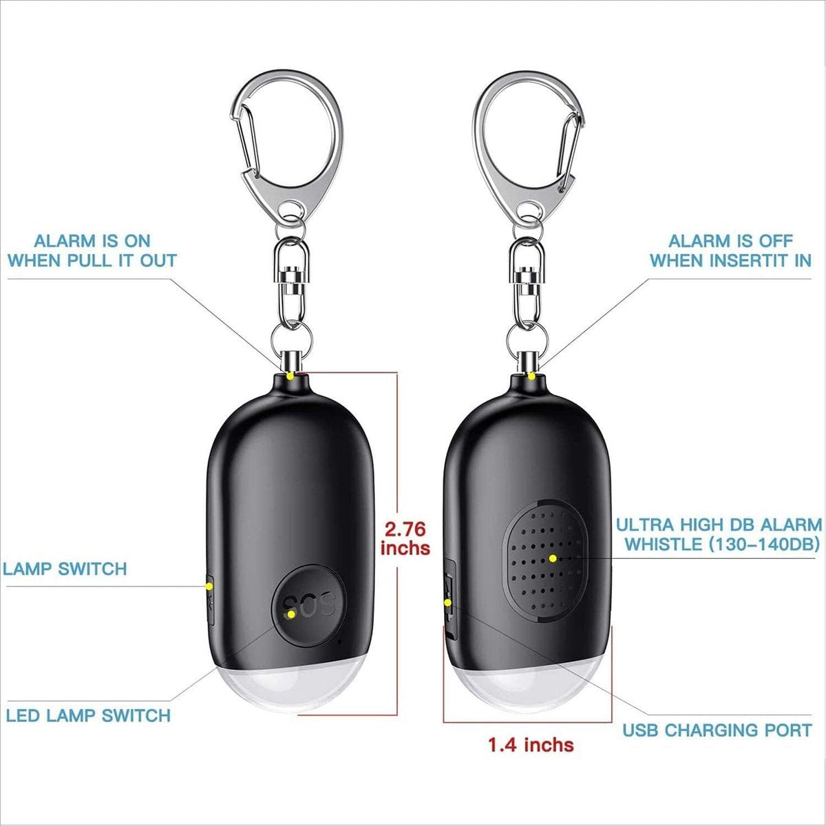 Rechargeable personal alarm – Self-defense products – Self-defense alarm – Keychain – Personal alarm – Alarm keychain – Rechargeable LED flashlight